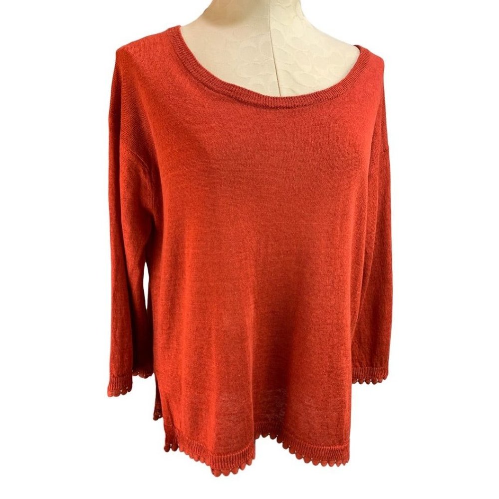Small J.Crew Women's 100% Linen Sweater Reddish Orange G5362 Pom Pom Trim